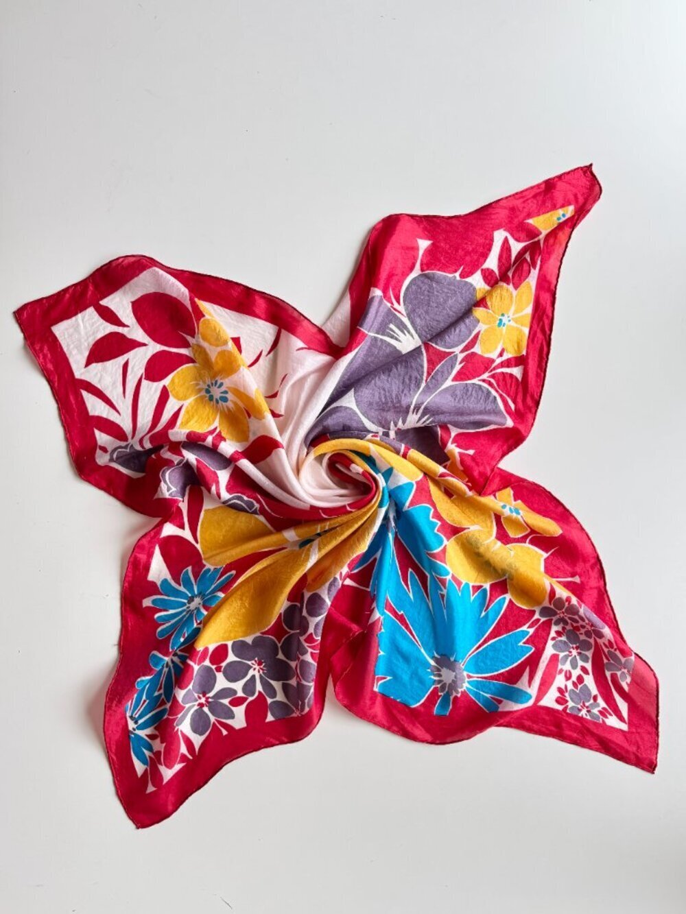 Vintage Unbranded Red Yellow Blue Floral Silk Habotai 32" x 31" Square Scarf
